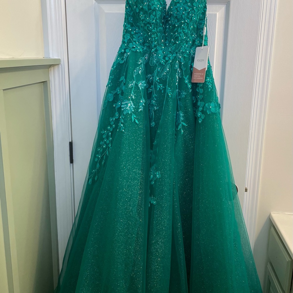 NWT A-Line V-Neck Spaghetti Strap Sweep Train Tulle Hunter Green Prom Dress Sz 2 - Picture 9 of 9